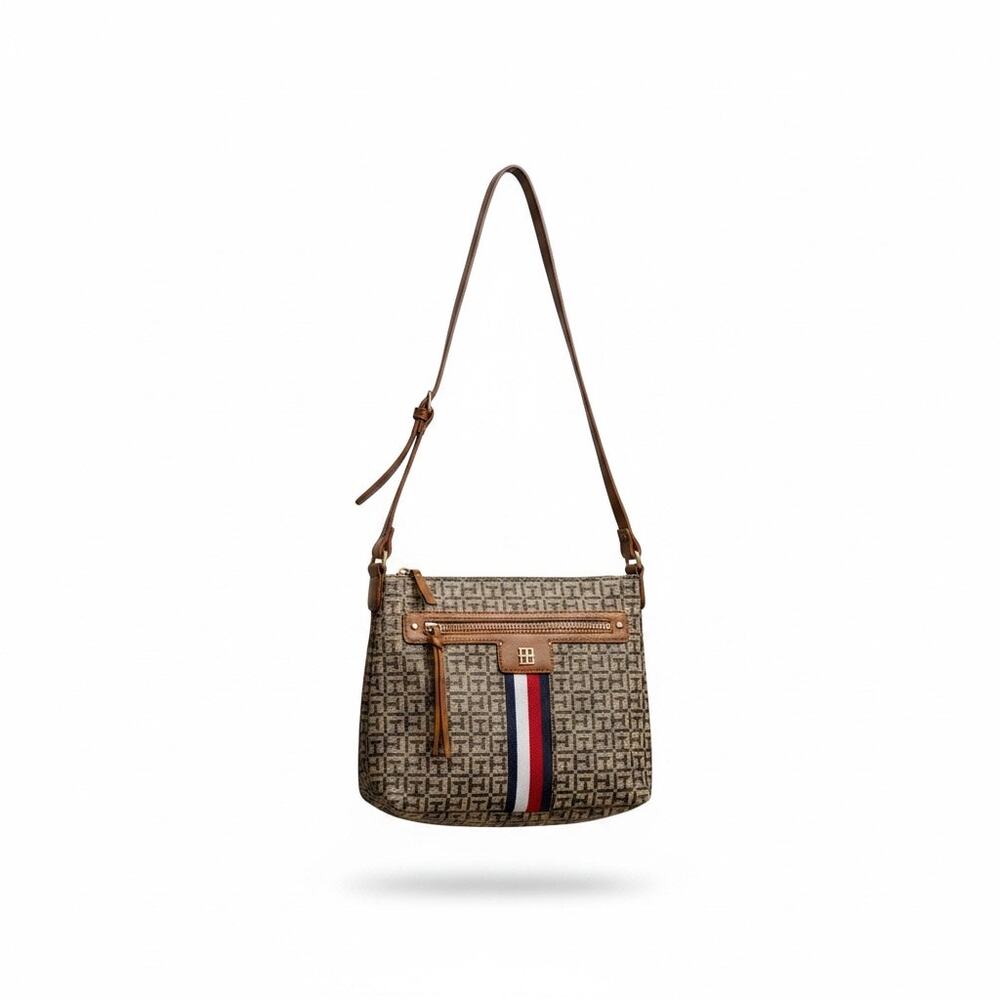 Tommy Hilfiger Monogram Crossbody Bag Canvas Striped Logo Gold Hardware